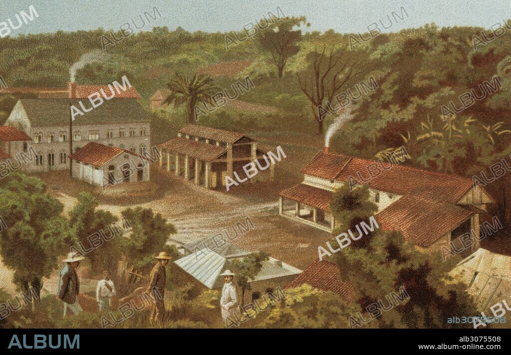 Mexico. Veracruz state. Huatusco. Hacienda del Mirador (Plantation of Mirador). Famous for the cultivation of coffee. Lithograph, 1880. Color.
