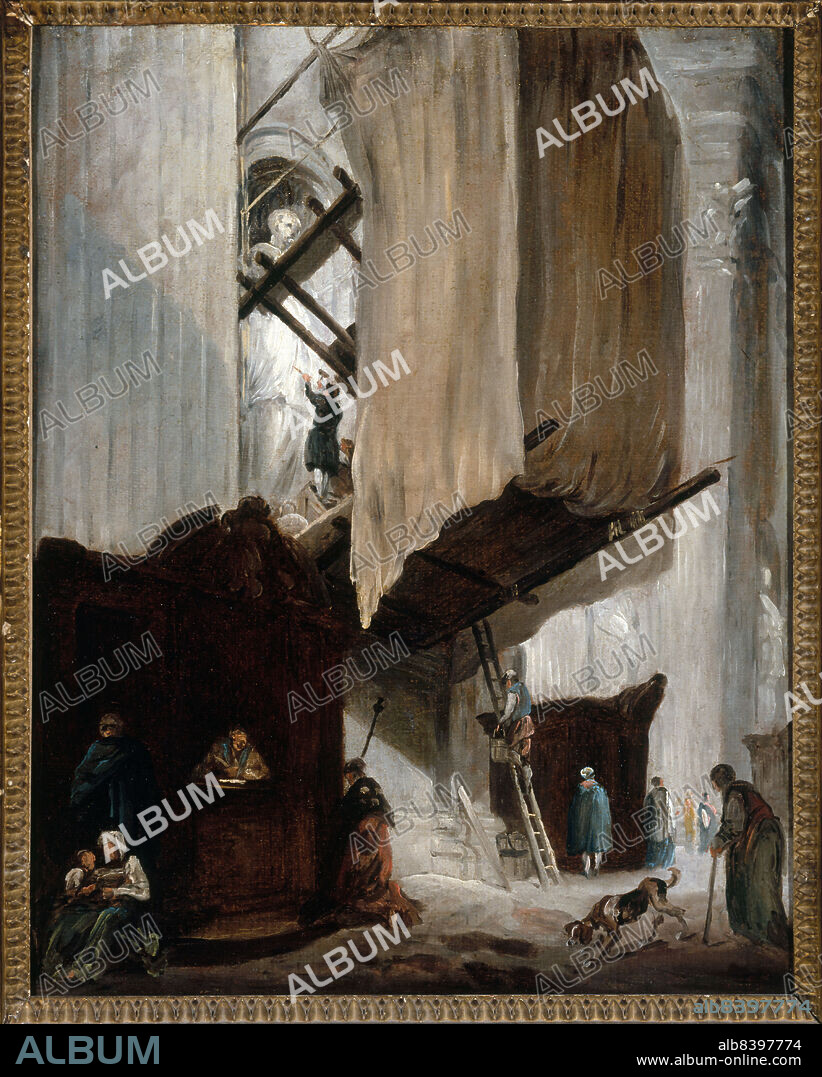 HUBERT ROBERT. Sculpteur travaillant à la statue d'un saint à Saint-Pierre de Rome, c.1758 c.1759. Sculptor working on the statue of a saint at St Peter's in Rome. The sculptor could be Michelangelo Slodtz.