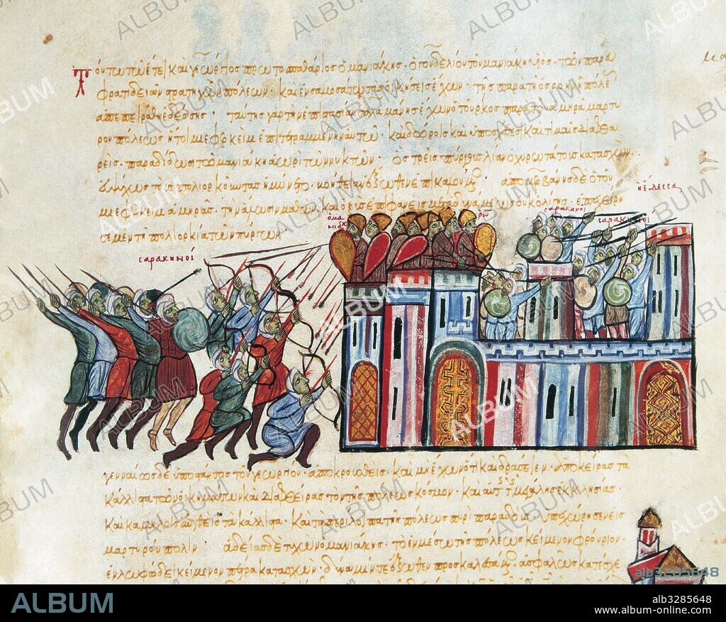 Los sarracenos asaltan Constantinopla. Enfrentamientos entre árabes y bizantinos cristianos. Crónica de Ioannes Scylitza. Folio 205. Miniatura de un manuscrito. Siglo XIV. Biblioteca Nacional. Madrid. España.