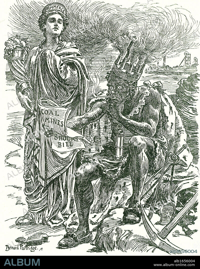 King Coal and Commerce discussing the consequences of the 8 Hours Bill restricting hours of work if it passed through Parliament. Bernard Partridge cartoon from 'Punch', 18 March 1908.