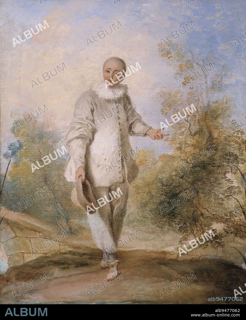 Pierrot standing, in a landscape, French school, Painter, Lancret, Nicolas, Author of the model, Lancret, Nicolas, Painter, Watteau, Jean-Antoine, Painter, 18th century, Cognacq-Jay Museum, the taste of the 18th century, Painting, Dimensions - Work: Height: 40.8 cm, Width: 32.5 cm, Dimensions - Frame: Height: 55.5 cm, Width: 47 cm, Profondeur: 8 cm.
