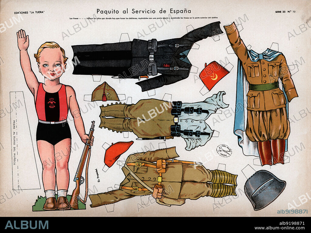 España. Hoja recortable infantil. Paquito al servicio de España. Ediciones La Tijera, de Madrid. Años 1940.