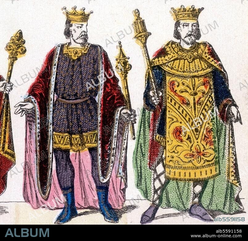 Pépin le Bref, roi des Francs . 714-768. "Pépin le Bref, de 751 à 768." / "Childéric III, de 742 à 750." (Childéric III, déposé en 751 par Pépin le Bref, et Pépin le Bref). Gravure sur bois, coloriée, vers 1850 ; livre d'images (Gangel, Metz), détail ; coll. particulière, France.