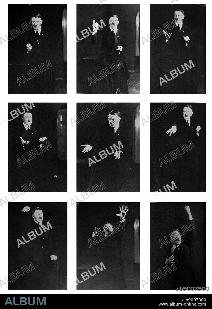 Poses by Adolf Hitler, German Nazi Leader, as he practices delivering a speech. Circa 1932.