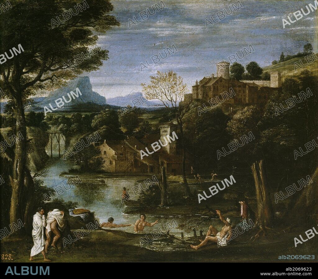 ANNIBALE CARRACCI (atribuido). Annibale Carracci (Atribuido a) / 'Paisaje con río y bañistas', Último tercio del siglo XVI - Principio del siglo XVII, Escuela Italiana, Óleo sobre Lienzo, 47 cm x 56 cm, P00132.
