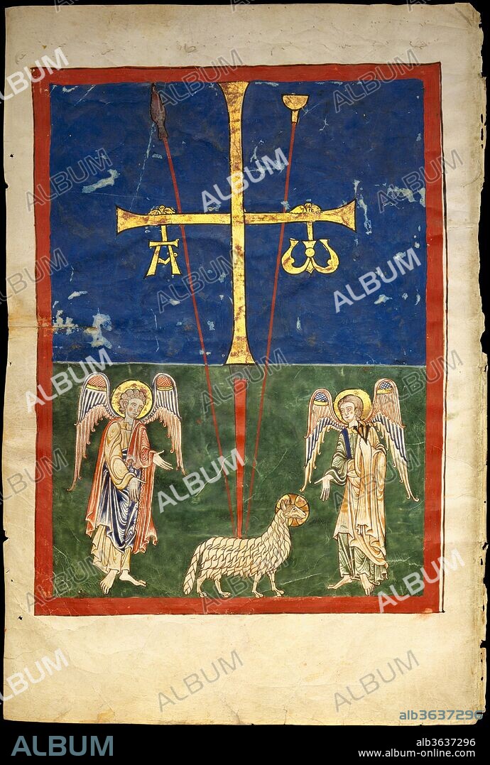 Leaf from a Beatus Manuscript: the Lamb at the Foot of the Cross, Flanked by Two Angels; The Calling of Saint John with the Enthroned Christ flanked by Angels and a Man Holding a Book. Culture: Spanish. Dimensions: Overall (folio): 17 1/2 x 11 13/16in. (44.4 x 30cm)
Mat: 22 x 16 in. (55.9 x 40.6 cm). Date: ca. 1180.
Illustrated Beatus manuscripts bring to life an extraordinary vision of the end of the world, as recorded by Saint John in the Apocalypse (Book of Revelation) and filtered through the lens of Beatus of Liébana, an eighth-century Asturian monk. These manuscripts are unique to medieval Spain and a testament to the artistry and intellectual milieu of monastic culture there. The leaf shown here comes from a manuscript that was disassembled in the 1870s. 
This frontispiece image depicts a lamb (an image commonly associated with Christ) tormented by the spear and sponge used against Christ during the Passion. The alpha and omega symbols hanging from the cross refer to a passage from the Apocalypse: "I am Alpha and Omega, the beginning and the end, saith the Lord God, who is, and who was, and who is to come, the Almighty" (Apoc. 1:8).