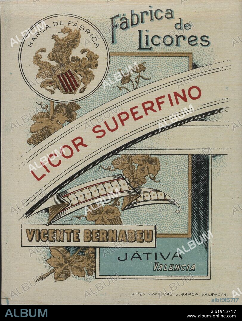Publicidad. Etiqueta de Fábrica de Licores de Vicente Bernabeu, de Játiva. Años 1920.