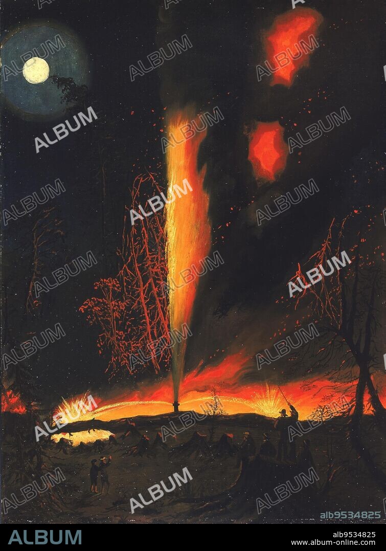 JAMES HAMILTON. Burning Oil Well at Night, near Rouseville, Pennsylvania. Date: ca. 1861. Oil on paperboard.