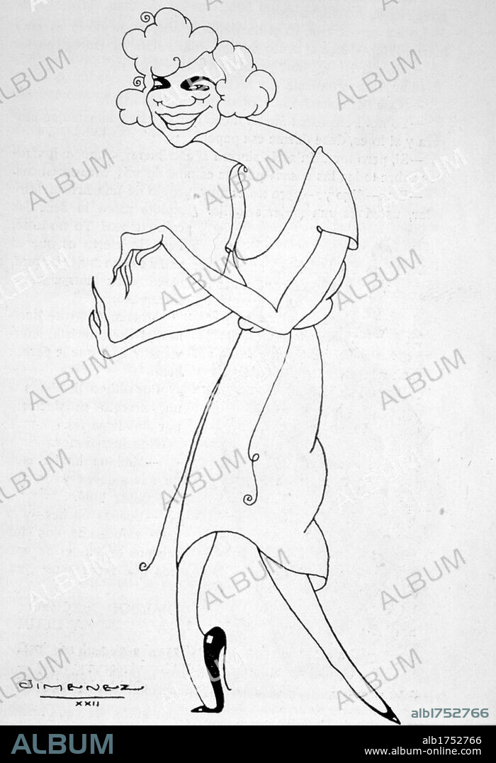 Pilar Alonso (Mahón, 1897-Madrid, 1980). Cupletista menorquina. Figura emblemática del cuplé catalán. Caricatura de Jiménez de 1922.