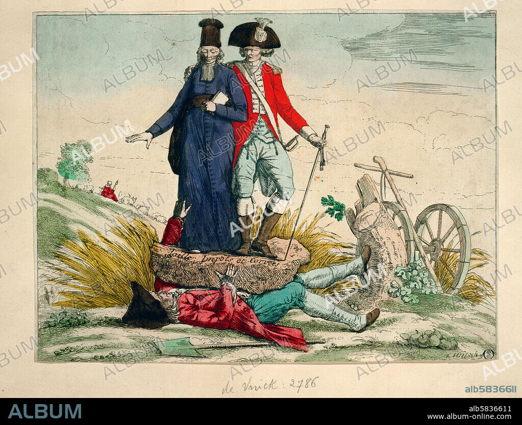 Caricature: The farmer crushed by " Taille, Impots et Corvee", by tithe, taxation and statute-labour. Coloured engraving.