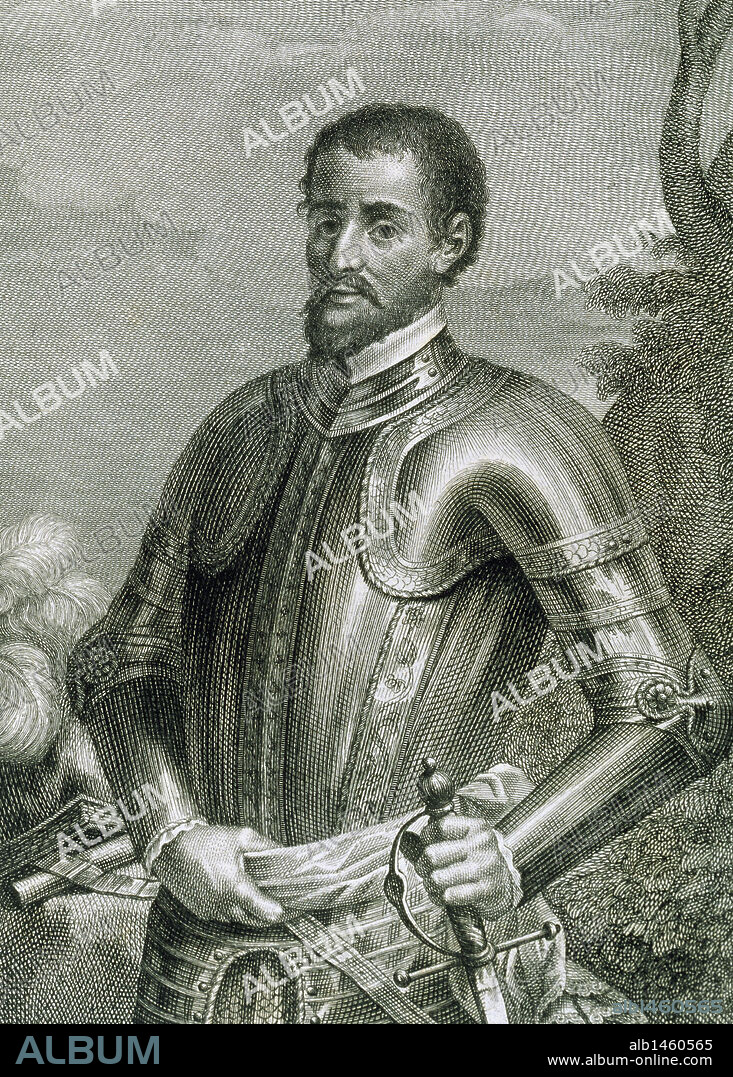HERNANDO DE SOTO (1500-1542). Conquistador español. Participó en el descubrimiento y conquista de Nicaragua y Florida (1538). Grabado.