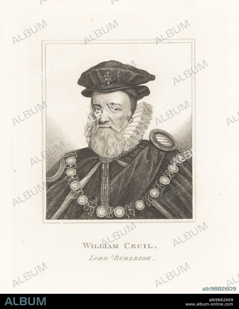 William Cecil, 1st Baron Burghley, 1520-1598. English statesman, the chief adviser of Queen Elizabeth I. In the ceremonial robes of a Knight of the Garter with gold collar. Lord Burleigh. Copperplate engraving after a painting attributed to Marcus Gheeraerts the Younger from Samuel Woodburns Gallery of Rare Portraits Consisting of Original Plates, George Jones, 102 St Martins Lane, London, 1816.