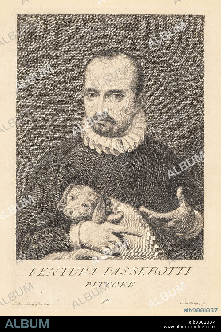 Ventura Passarotti, fourth son of artist Bartolomeo Passarotti, mediocre artist who specialized in pen drawings, 1586-1630. Self portrait with dog. Ventura Passerotti, Pittore. Copperplate engraving by Carlo Gregori after Giovanni Domenico Campiglia after a self portrait by the artist from Francesco Moucke's Museo Florentino (Museum Florentinum), Serie di Ritratti de Pittori (Series of Portraits of Painters) stamperia Mouckiana, Florence, 1752-62.