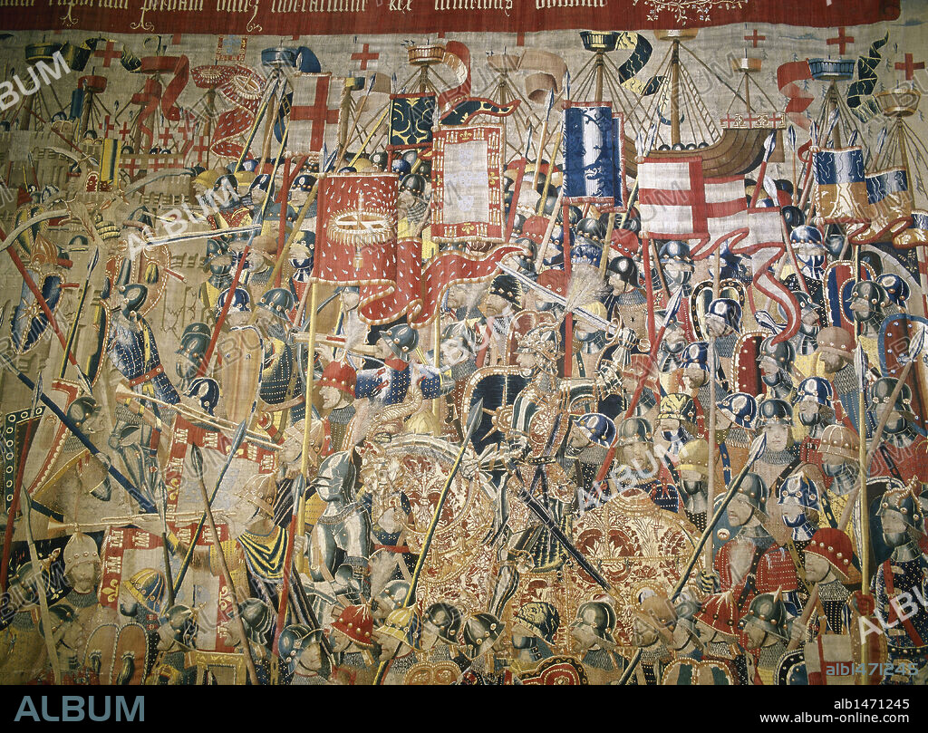 HISTORIA SIGLO XV. PORTUGAL. "CAMPAÑAS AFRICANAS DEL REY ALFONSO V" con el fin de cerrar el estrecho de Gibraltar a los corsarios musulmanes. Esto le valió el sobrenombre de "El Africano". Tapiz flamenco del S. XV. Colegiata de Pastrana. Provincia de Guadalajara. Castilla-La Mancha. España.