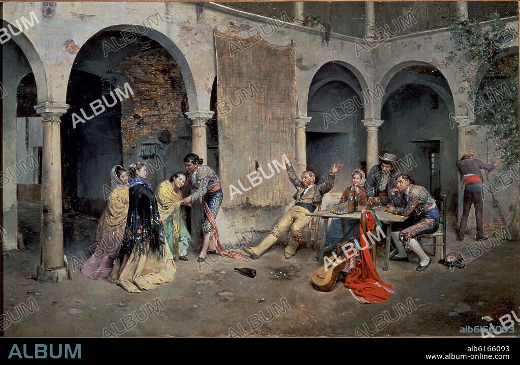 JOSÉ DENIS BELGRANO. DESPUES DE LA CORRIDA - 1872 - O/L - 0.75 X 1.15 m - PINTURA COSTUMBRISTA - ESCUELA MALAGUEÑA.