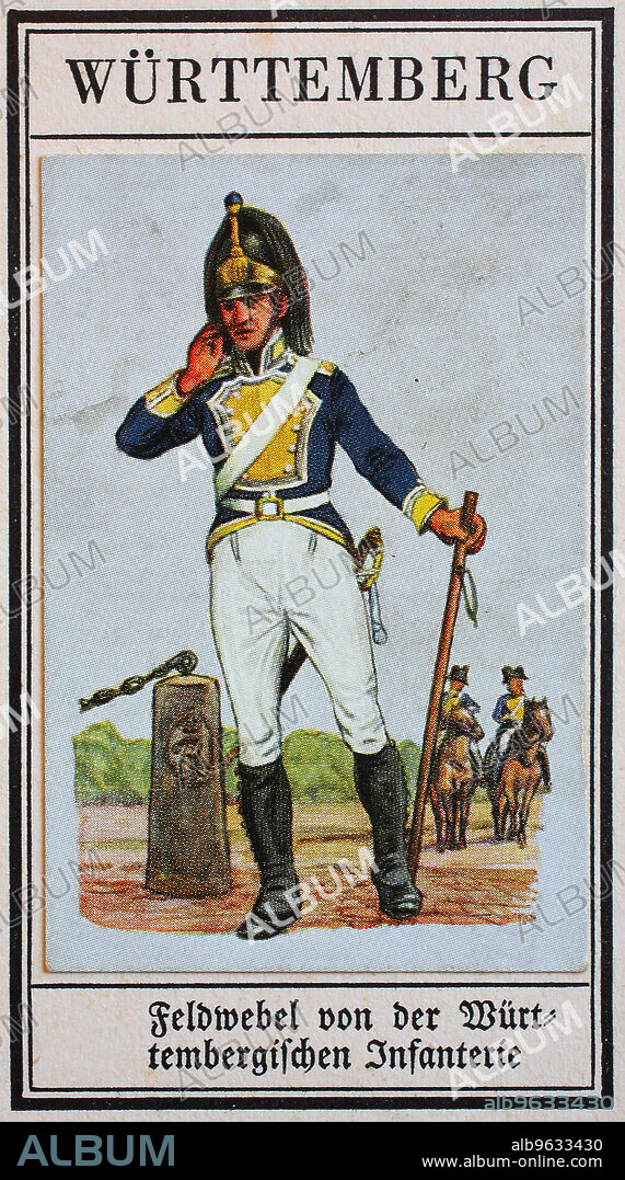 Deutsche Uniformen des 19. Jahrhunderts, Linien - Infanterie: Württemberg, Feldwebel von der württembergischen Infanterie, Historisch, digital restaurierte Reproduktion eines gemeinfreien Sammelbildes aus dem frühen 20. Jahrhundert.