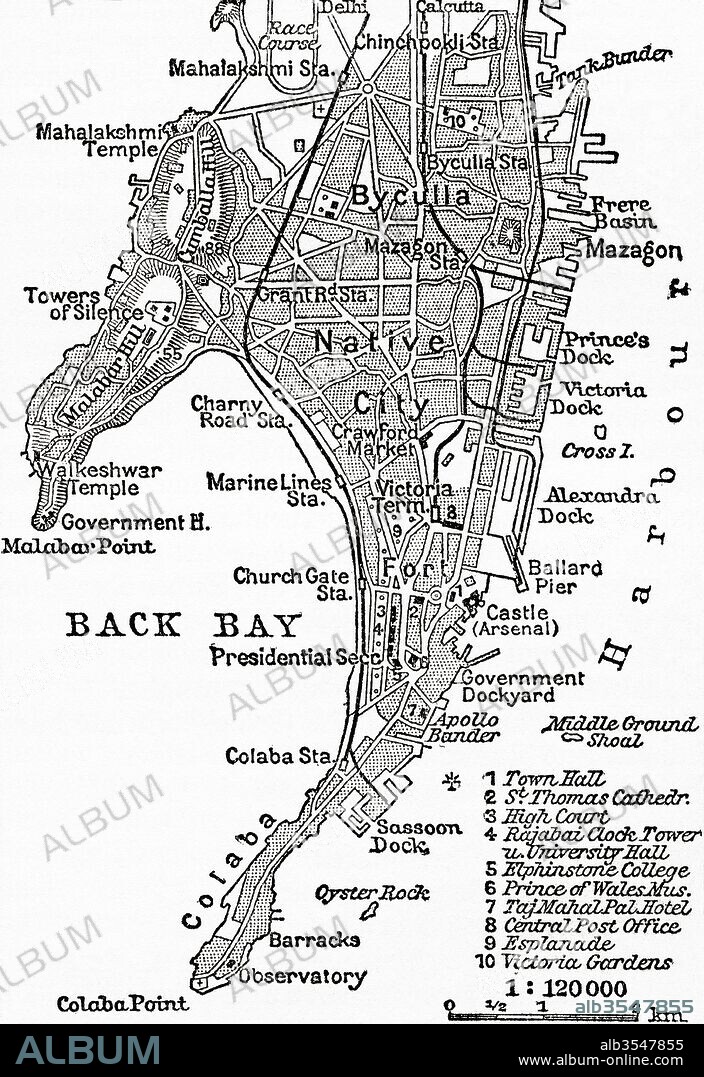 Map of Bombay, India, c. 1920. From Meyers Lexicon, published 1924.