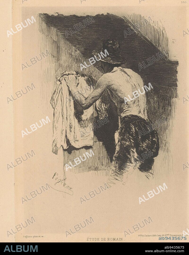 Man with hat and bared upper body, Eleuterio Pagliano, 1880, A standing man with hat and bared upper body, a garment in his hands., print maker: Eleuterio Pagliano, (mentioned on object), publisher: Alfred Cadart, (mentioned on object), Paris, 1880, paper, etching, h 227 mm - w 165 mm.