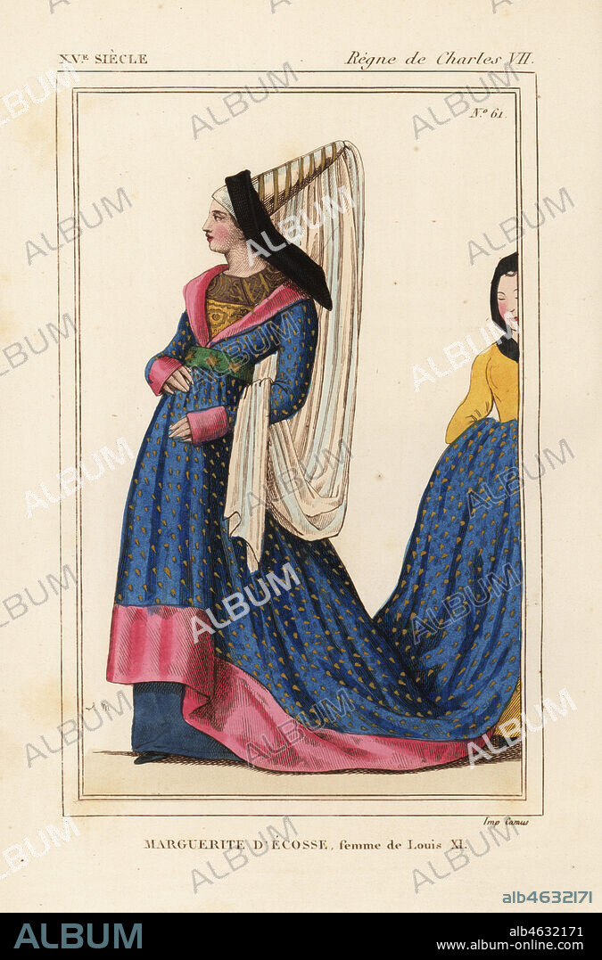 Margaret of Scotland, first wife of King Louis XI of France, Margaret Stewart, Dauphine of France 1424-1445. Marguerite d'Ecosse, premiere femme de Louis XI. Handcoloured lithograph by Leopold Massard after a portrait in Roger de Gaignieres' portfolio VI 142 from Le Bibliophile Jacob aka Paul Lacroix's Costumes Historiques de la France (Historical Costumes of France), Administration de Librairie, Paris, 1852.