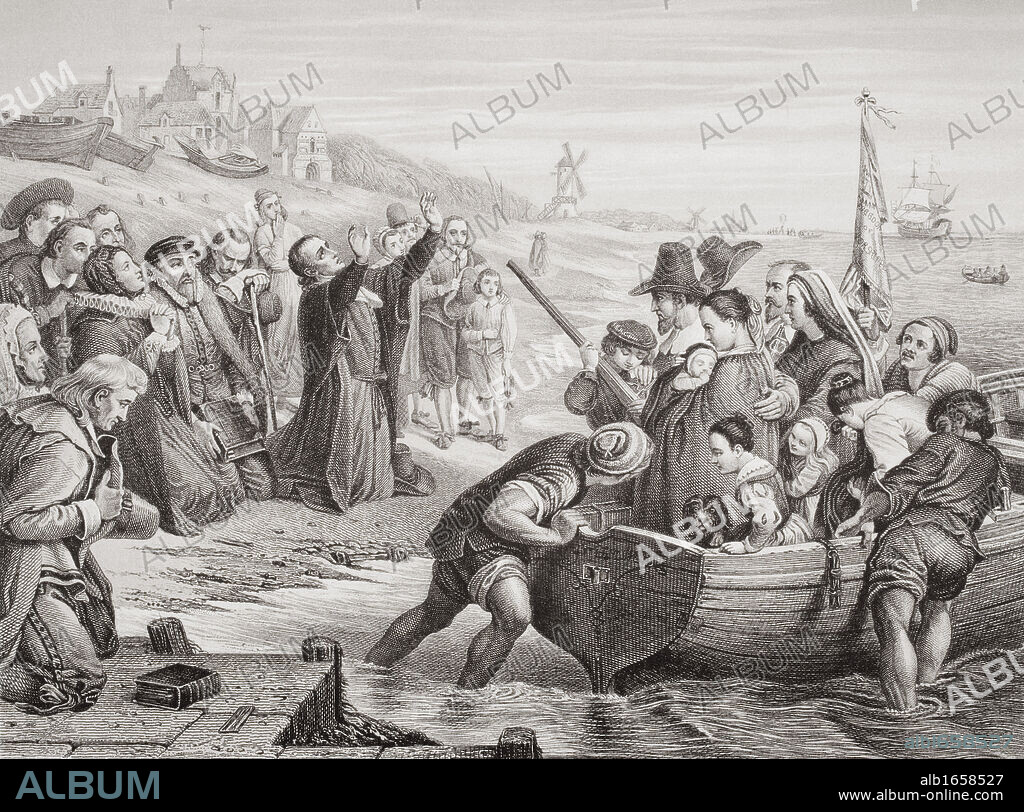 Departure of the Pilgrim Fathers from Delft Haven, July 1620. Engraved by T. Bauer after C.W. Cope. From the book 'Illustrations of English and Scottish History' Volume 1.