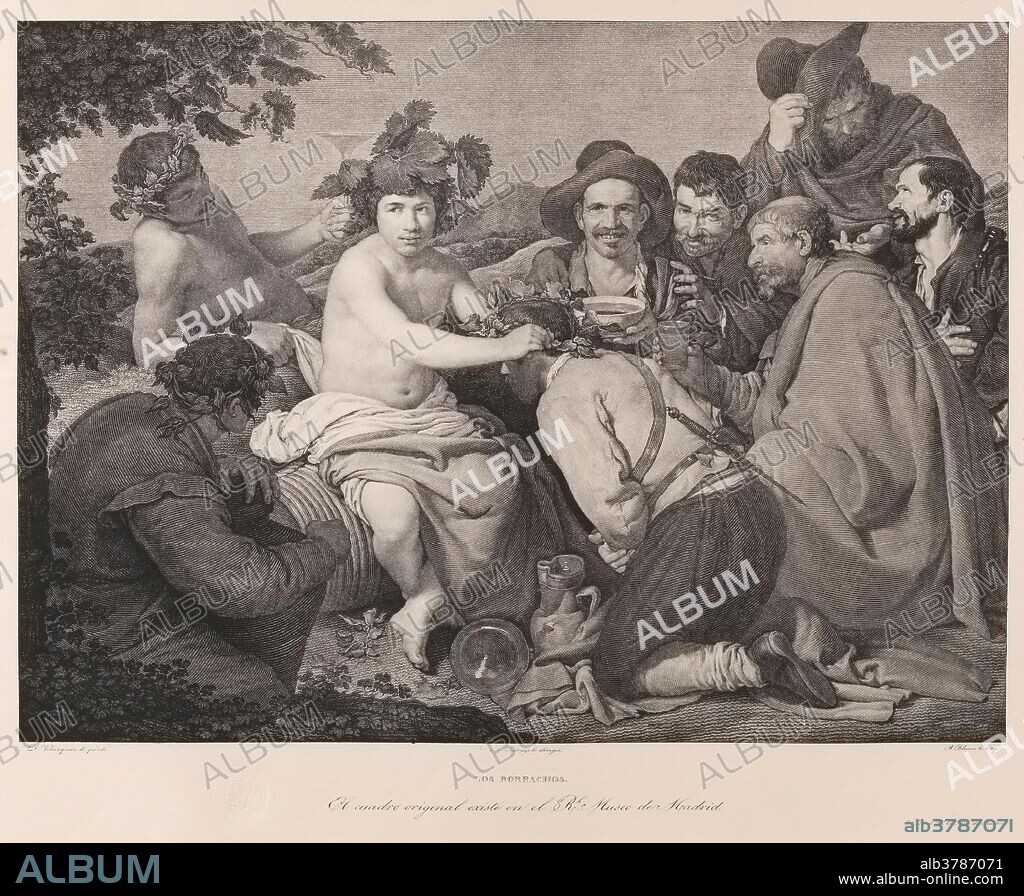 JOSE DE MADRAZO Y AGUDO y ALEJANDRO BLANCO Y ASSENSIO. Alejandro Blanco y Assensio (Litógrafo) (Autor de la obra original Velázquez, Diego Rodríguez de Silva y); José de Madrazo y Agudo (Director); Real Establecimiento Litográfico de Madrid (Estampador) / 'Los borrachos'. 1832 - 1836. Aguatinta litográfica, Litografía a lápiz, Raspador sobre papel avitelado, 484 x 635 mm.