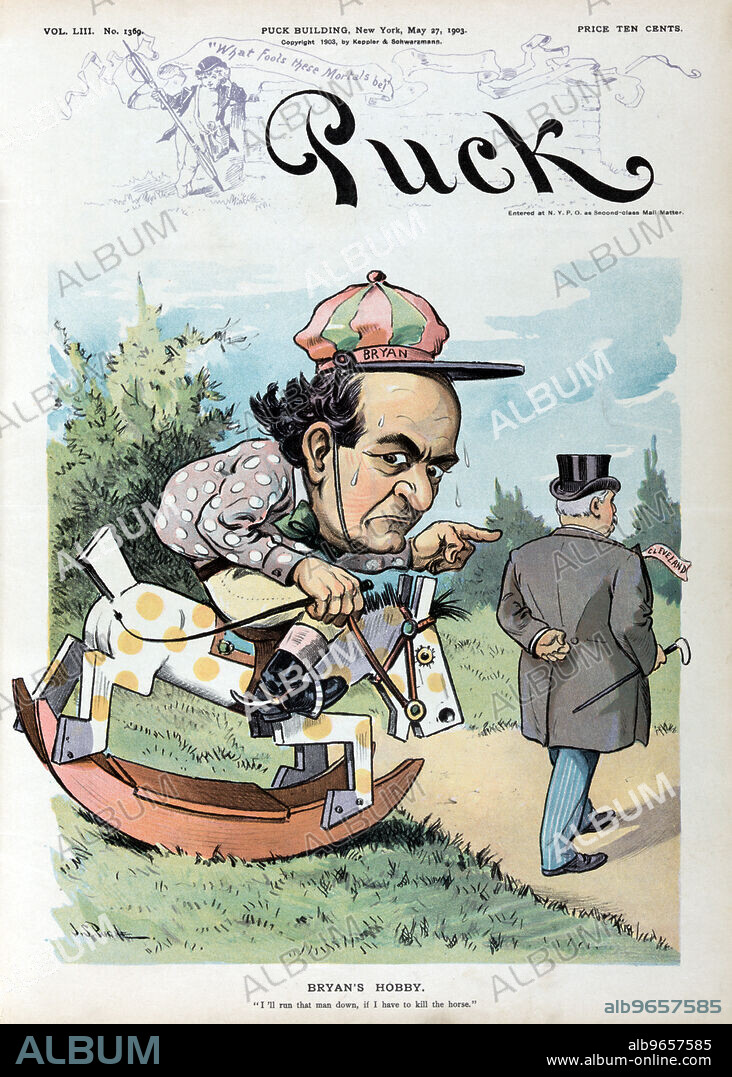 "Bryan's Hobby", Political Cartoon Featuring William Jennings Bryan as a horse racing jockey sitting on a rocking horse trying to catch Grover Cleveland, Artwork by John S. Pugh, Lithograph by J. Ottmann Lith. Co., Puck Magazine, Keppler & Schwarzmann, May 27, 1903.