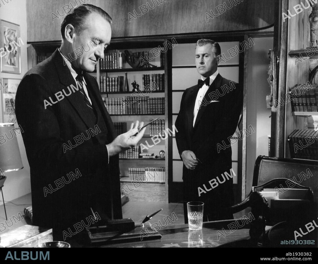 GEORGE SANDERS and STEWART GRANGER in THE WHOLE TRUTH, 1958, directed by JOHN GUILLERMIN. Copyright COLUMBIA PICTURES.