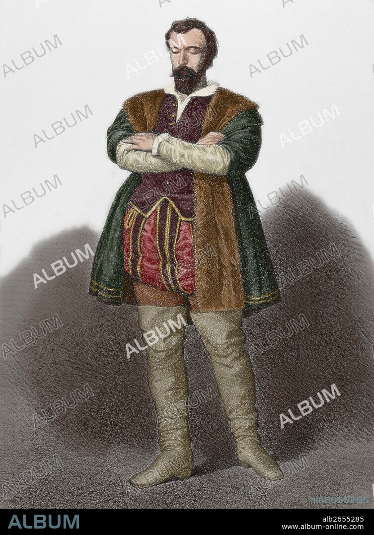 PADILLA, Juan de (Toledo, 1484-Villalar, 1521). Noble castellano. Enemistado con Carlos I al serle denegado el señorío de Peña de Martos (1519), se sumó a la rebelión comunera, de la que fue nombrado capitán de las milicias de Toledo (1520). Fue derrotado en Villalar (1521), donde fue hecho prisionero y ajusticiado. Grabado coloreado de "Historia de España", del siglo XIX.