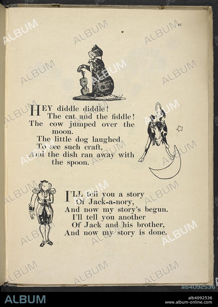 CLAUD LOVAT FRASER. Hey diddle diddle! The cat and the fiddle! ...' 'Ill tell you a story of Jack-a-nory, ...'. Nursery Rhymes, with pictures by C. L. Fraser. London : T. C. & E. C. Jack, [1919]. Source: 12800.ddd.31 page 45.