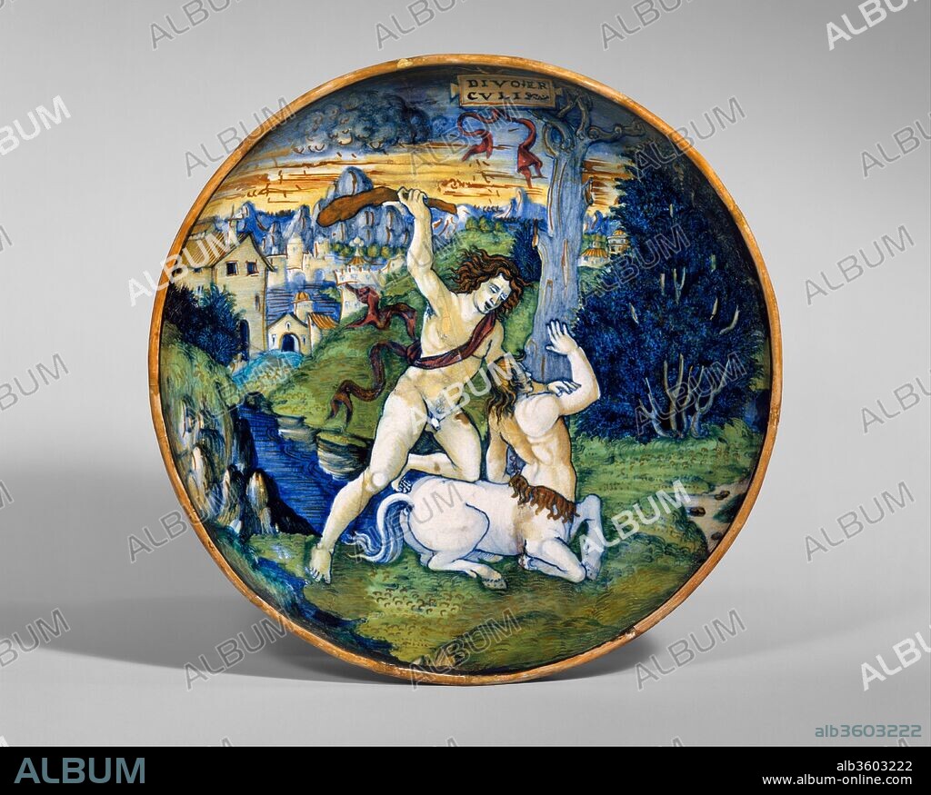 Dish (coppa): Hercules slays the centaur Nessus. Artist: workshop of Maestro Giorgio Andreoli (Italian (Gubbio), active first half of 16th century). Dimensions: Diam. 9 1/2 in. (24.2 cm). Date: 1525.