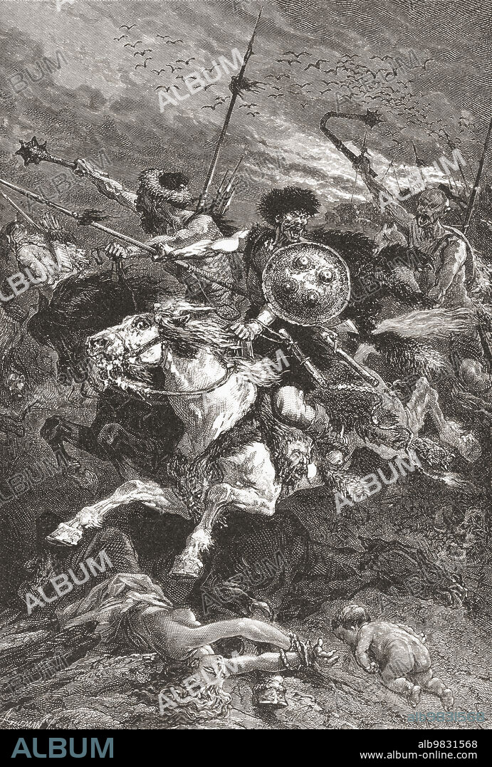 The Battle of the Catalaunian Plains, also called the Battle of the Campus Mauriacus, Battle of Chalons, Battle of Troyes or the Battle of Maurica, June 20, 451 AD between the Romans and Visigoths. After the painting The Huns at the Battle of Chalons by French artist Alphonse de Neuville, 1835 - 1885; Illustration.