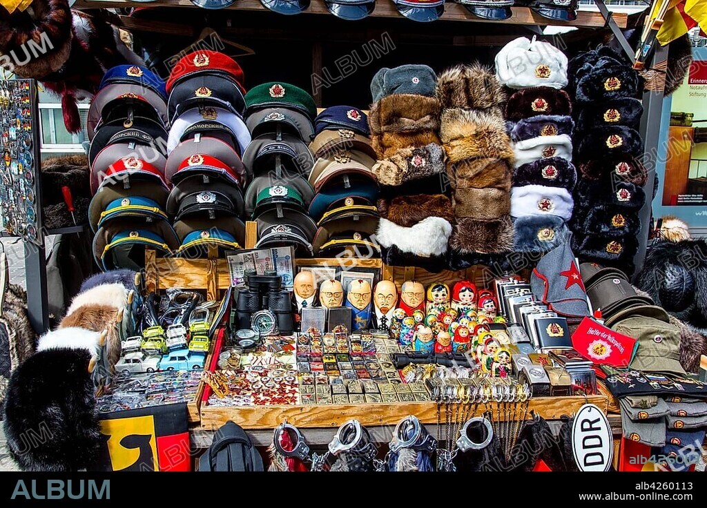 Stall selling souvenirs, old GDR and Soviet products, Berlin, Germany, Europe.