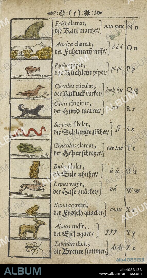 JOHANN AMOS COMENIUS. A table showing various types of animal. Orbis sensualium pictus... NoribergÃ¦ : typis & sumptibus Michaelis Endteri, 1659. Source: 627.b.9 page 5. Language: German.