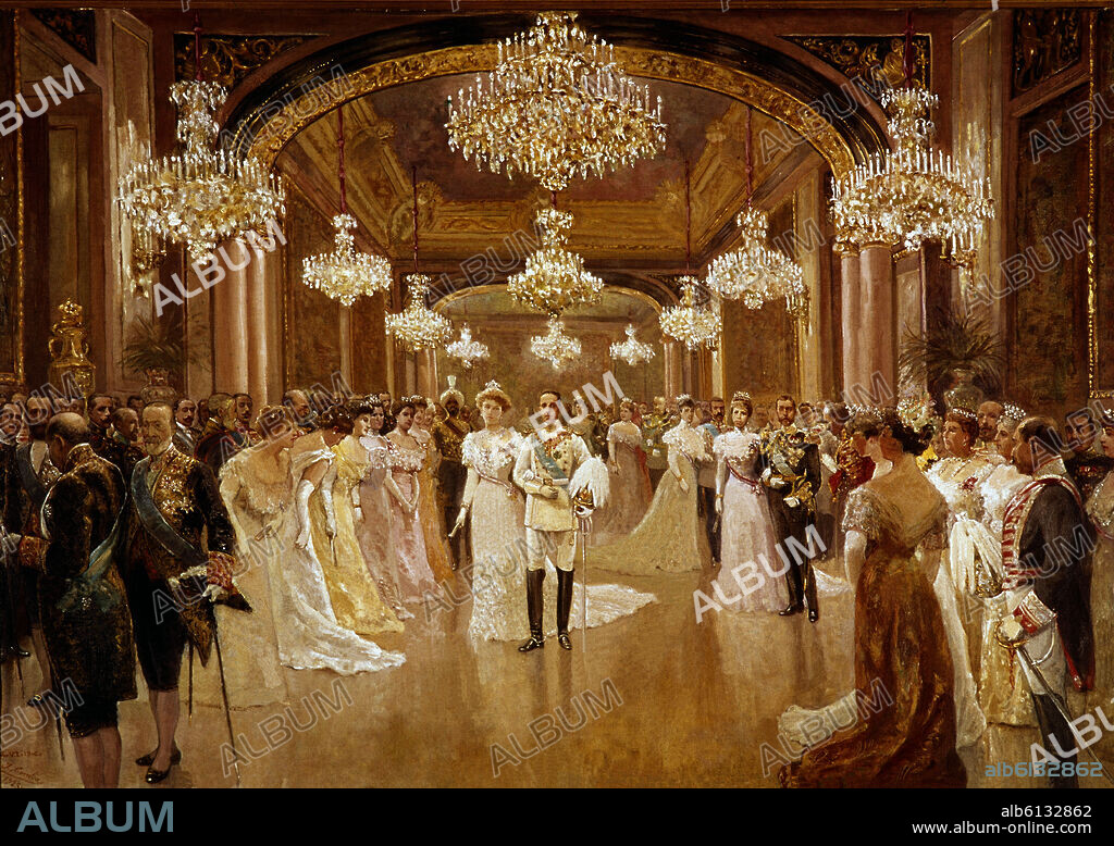 JUAN COMBA GARCIA (1852-1924). LLEGADA DEL CORTEJO NUPCIAL AL PALACIO DE ORIENTE - RECEPCION POR LA BODA DE ALFONSO XIII CON VICTORIA EUGENIA DE BATTENBERG EN 1906.