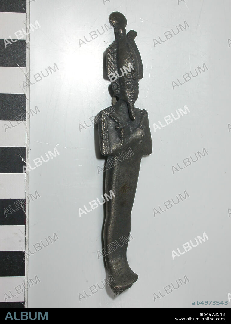 Osiris, crown, uraeus, sun disc, beard, eye, bronze, god, bronze, 10.5 x 2.5 x 3.1 cm, Late Period, Egypt.