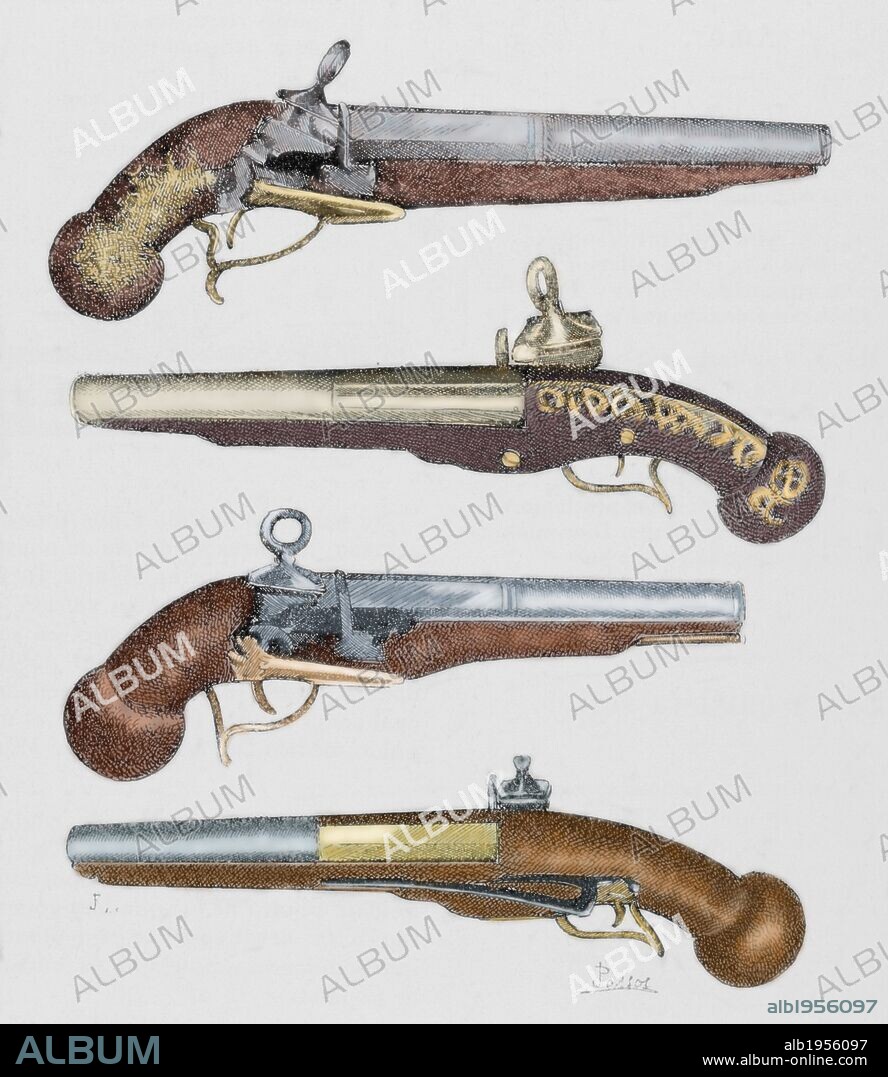 ARMAS ANTIGUAS. De arriba a abajo: PISTOLA CATALANA, PISTOLA ARABE, PISTOLA CATALANA y PISTOLA FRANCESA. Todas ellas pertenecen al siglo XVIII. Grabado coloreado de "La Ilustración", año 1890.