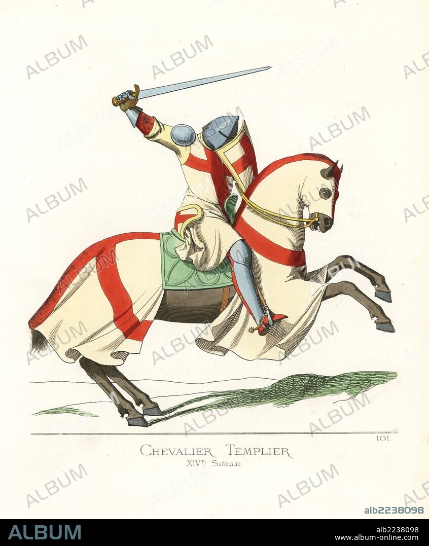 A knight Templar on horseback, 14th century. He wears a suit of armour in steel, gauntlets and spurs, with shield, tabard, saddle and caparison are all decorated with a red cross on a white field. From a miniature in a manuscript in the Barberini library, Rome. Handcoloured illustration drawn and lithographed by Paul Mercuri with text by Camille Bonnard from "Historical Costumes from the 12th to 15th Centuries," Levy Fils, Paris, 1861.