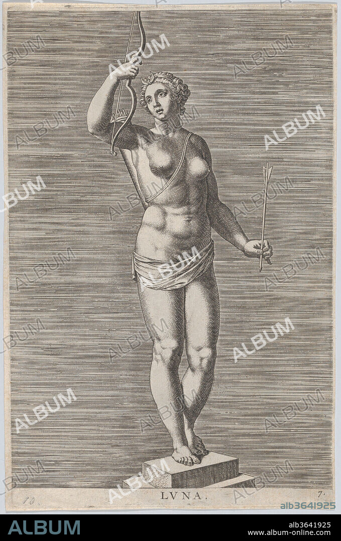 Plate 7: Diana; statue of the nude goddess standing on a socle, wearing a crescent moon in her hair and holding a bow and arrow; from 'Statues of Roman Gods' after Jacques Jonghelinck. Artist: Philips Galle (Netherlandish, Haarlem 1537-1612 Antwerp); After Jacques Jonghelinck (Netherlandish, Antwerp 1530-1606 Antwerp). Dimensions: Sheet (Trimmed): 9 15/16 × 6 9/16 in. (25.3 × 16.6 cm). Publisher: Philips Galle (Netherlandish, Haarlem 1537-1612 Antwerp). Date: 1586.
One of eight numbered plates from the series 'Statues of Roman Gods', after Jacques Jonghelinck. The plates illustrate Bacchus and the seven planetary gods and was originally displayed in the town hall of Antwerp. The series was published by Philips Galle in 1585 in Antwerp and again in 1586.