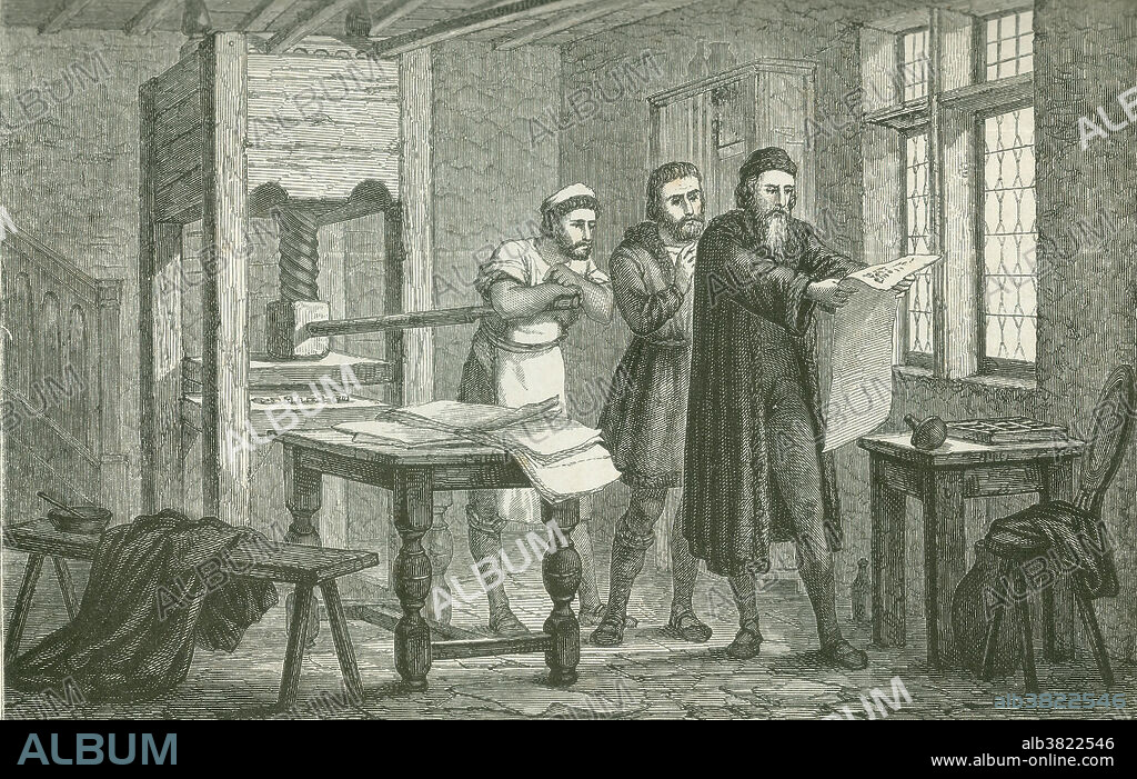 Gutenberg inspecting the first proof sheet of his Bible printed from movable type. Johannes Gensfleisch zur Laden zum Gutenberg (1398-1468), German blacksmith, goldsmith, printer, and publisher who introduced modern book printing. His invention of mechanical movable type printing started the Printing Revolution and is widely regarded as the most important event of the modern period. It played a key role in the development of the Renaissance, Reformation, the Age of Enlightenment and the Scientific Revolution and laid the material basis for the modern knowledge-based economy and the spread of learning to the masses. Illustration from Vies Des Savants Illustrates, Savants Du Moyen-Age by Louis Figuier, 1883.