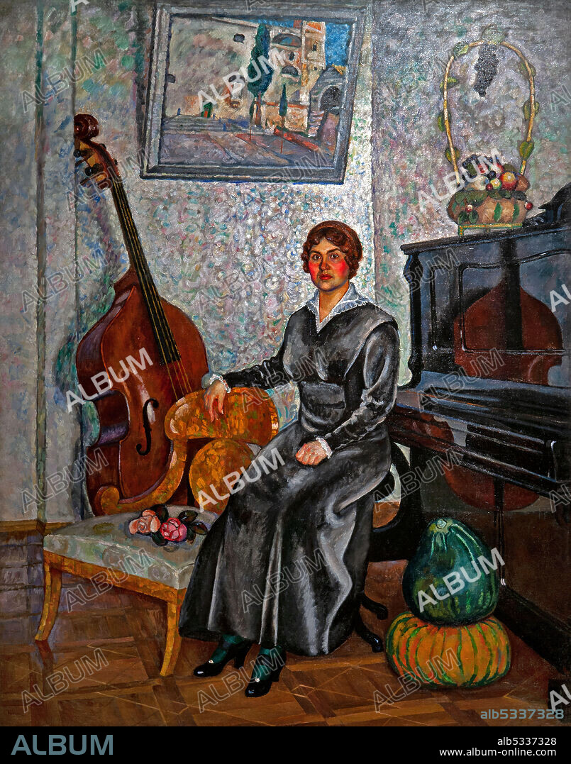 IL'JA IVANOVIC MAŠKOV. Art, Russian art, Il'ja Ivanovic Maškov, 1881 - 1944,  title of the work, Lady with Contrabass, 1915, oil on canvas, cm 271 x 216.