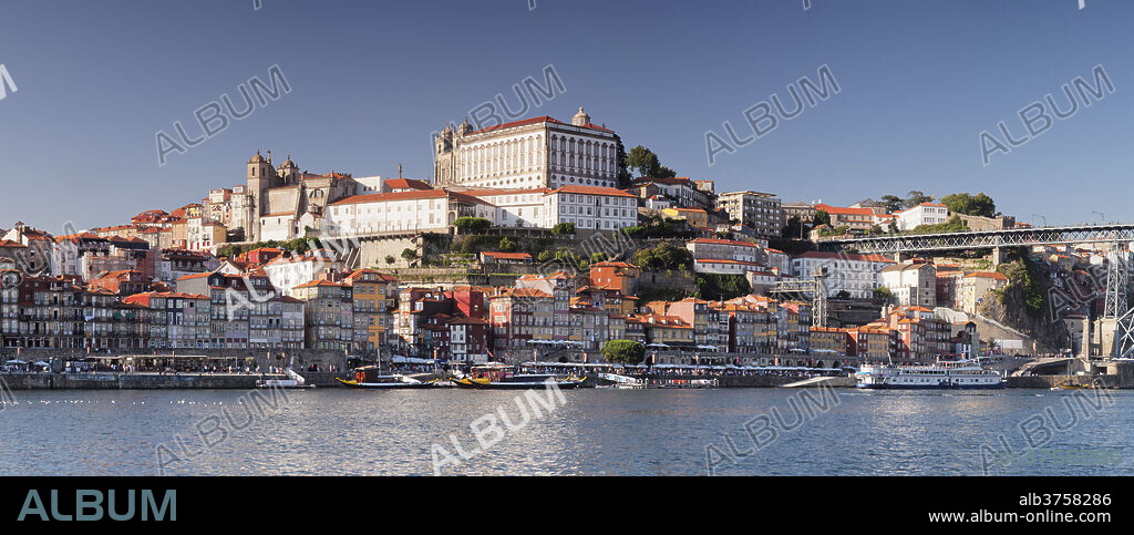 View over Douro River to Ribeira District, UNESCO World Heritage Site, Se Cathedral, Porto (Oporto), Portugal, Europe.