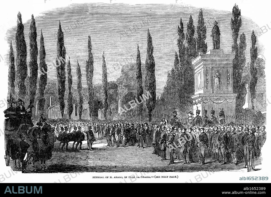 Dominique Francois Jean Arago (1786-1853) French astronomer, physicist and politician. His funeral in Paris, 5 October 1853. Woodcut, London, 15 October 1853.