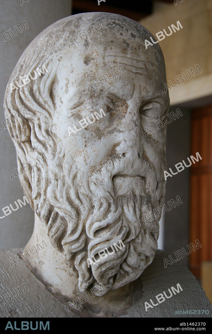 HERODOTO. (-485 a-420). Historiador griego. Cabeza de Herodoto fechada hacia el siglo II d. c. Museo de la Agora Griega. El Pórtico de Atalo. Atenas. Grecia.