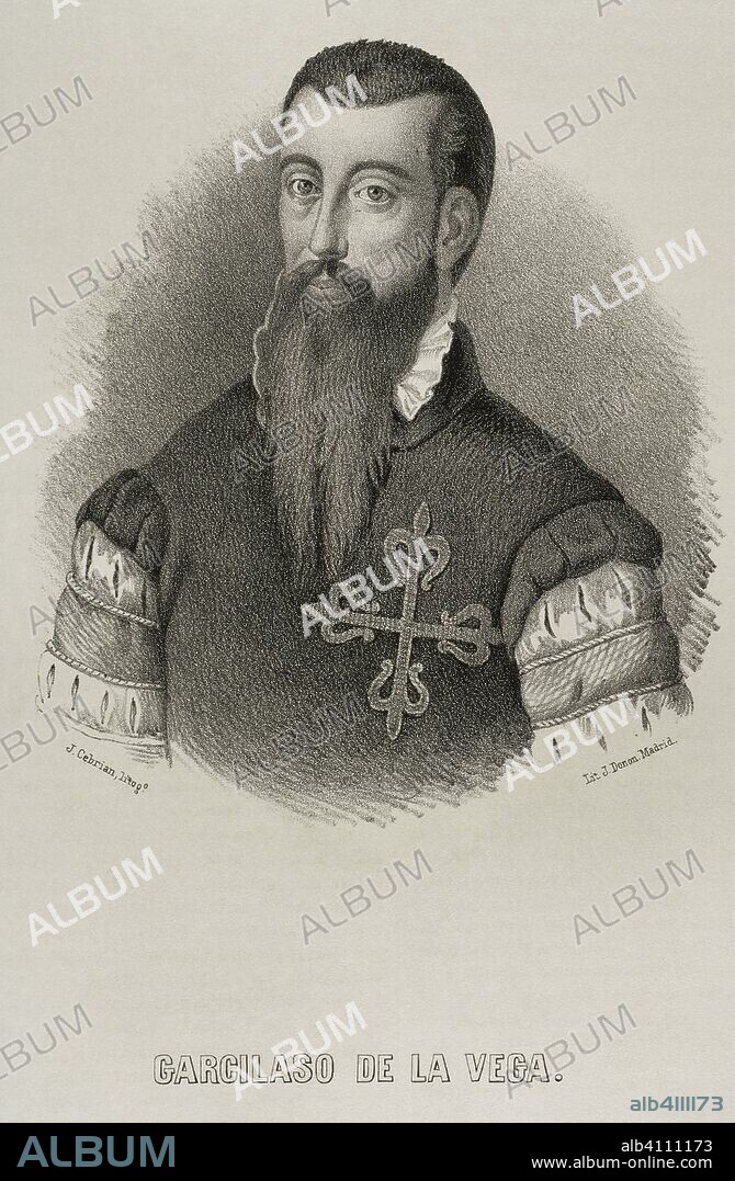 Garcilaso de la Vega (1501/1503-1536). Escritor y militar español del Siglo de Oro. Dibujo por J. Cebrián. Litografía. Retrato. Crónica General de España, Historia Ilustrada y Descriptiva de sus Provincias. Castilla-La Nueva, 1869. Biblioteca Histórico Militar de Barcelona, Cataluña, España.