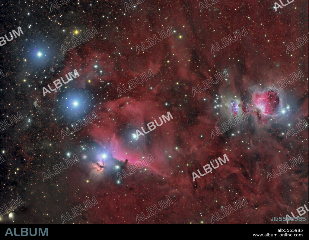 Orion Molecular Cloud Complex, showing the Horsehead Nebula and Orion Nebula.