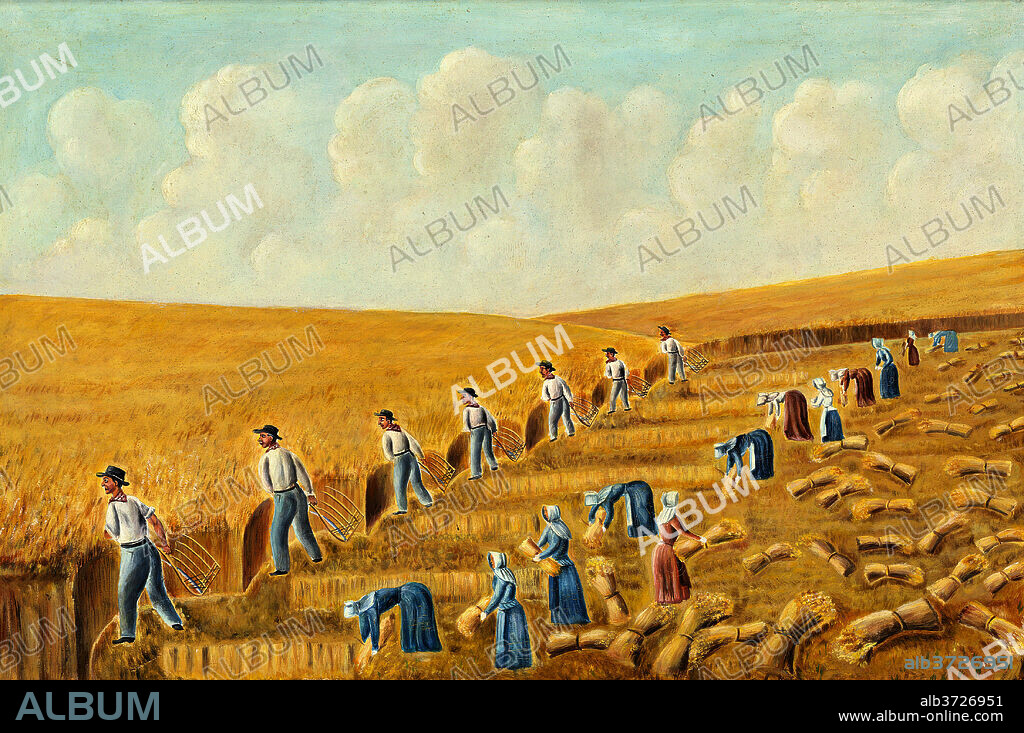 STANLEY MAZUR, AFTER OLOF KRANS. Harvesting with Grain Cradles. Dated: c. 1939. Dimensions: Overall: 39.4 x 59.1 cm (15 1/2 x 23 1/4 in.)  framed: 48.6 x 68.3 x 2.5 cm (19 1/8 x 26 7/8 x 1 in.). Medium: oil on board.