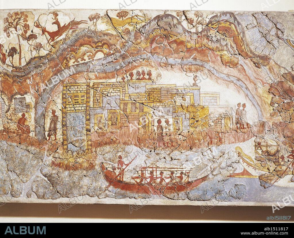 Greek civilization, 16th century b.C. Fresco depicting a ship procession. From Akrotiri, Thera Island, Santorini, Greece. Detail, a coastal town.