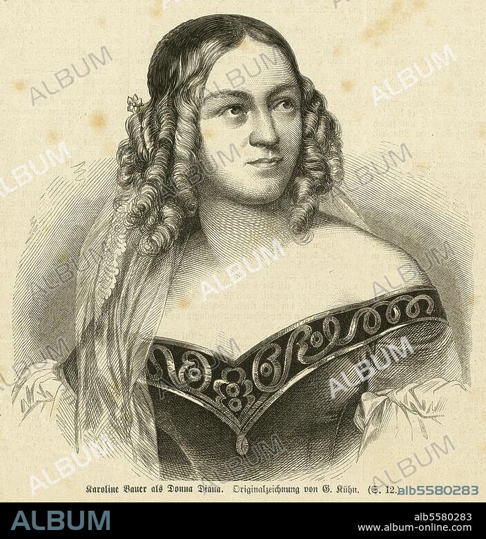 Bauer, Caroline; Schauspielerin, 1844. verehel. Gräfin (Ladislaus) von Broel-Plater; Heidelberg 29.3.1807 - Villa Broelberg bei Zürich 18.10.1878 (Freitod). "Karoline Bauer als Donna Diana". Holzstich, 1871, nach Bildnis um. 1840. Aus: Über Land und Meer, 13. Jg. (Stuttgart) 1871, Nr. 40.
