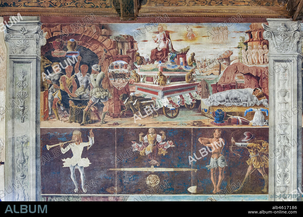 Ferrara: Palazzo Schifanoia, Hall of the Months, Northern Wall: "September" with the representation of the Vulcano's forge, the Zodiac sign of the Libra and the three decans, by Ercole de' Roberti o Master of the Libra, about 1468 - 1470.