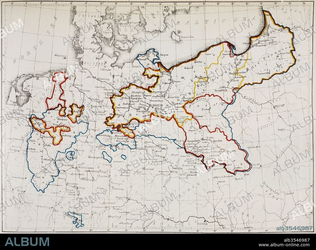 The Kingdom of Prussia between 1740 and 1815. Yellow outline; in 1740 at the Accession of Friedrich II: red outline; in 1786 at the death of Friedrich II: blue outline; in 1815 at the Congress of Vienna. From Friedrich II of Prussia, by Thomas Carlyle. Chapman and Hall, 1869.